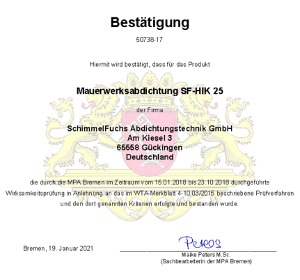 SF-HIK 25 Wirksamkeitszertifikat